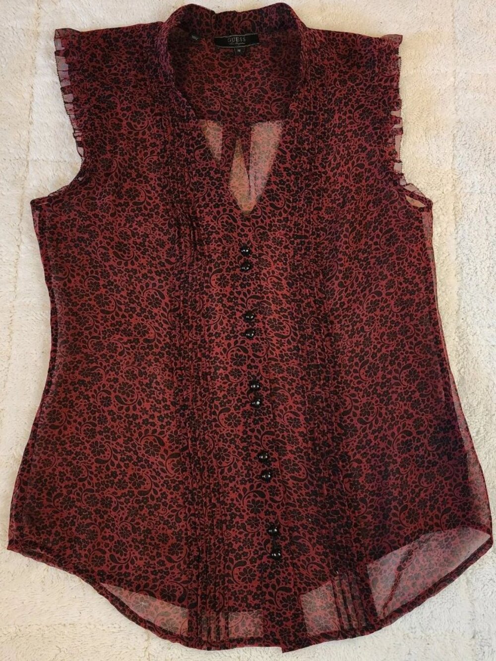 GUESS Los Angeles Womens Sleeveless Blouse Red Black Floral Sheer Size M